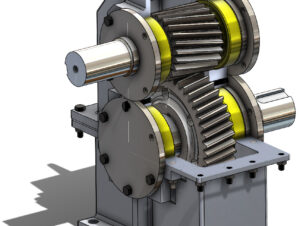 Industrial Vertical Single-Stage Helical Gearbox Assembly, designed for efficient power transmission and durability in vertical applications.